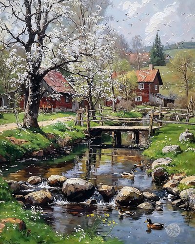 Das Mühlenhäuschen im Frühling, Öl auf Leinwand, gerahmter Wandschmuck von F. Abderrahim