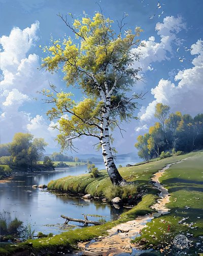 Bäume und Fluss, ruhige Wasseroberfläche, die sich bis zum Horizont erstreckt, Landschaft von F. Abderrahim