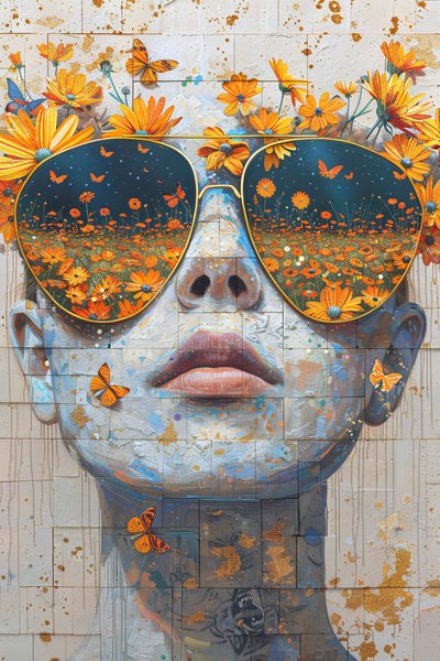 Frau Gesicht Nahaufnahme mit Olympus Blumen, moderne Wanddekoration von F. Abderrahim