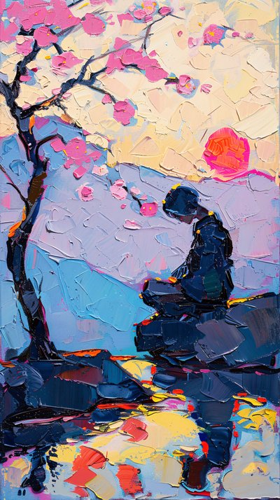 Frau meditiert unter einem Baum, digitales Ölgemälde, moderne Wanddekoration von F. Abderrahim