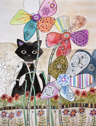 Katze hinter Blumen von Marys Watercolors