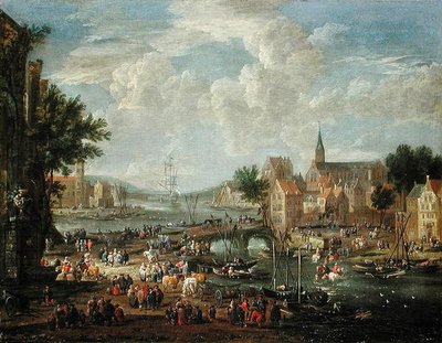 Stadtbewohner am Flussufer von A.F. and Bouts, P. Boudewyns