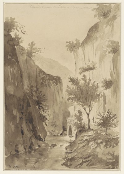 Fluss zwischen bewachsenen Felsen; rechts ein Weg von A. Regnier