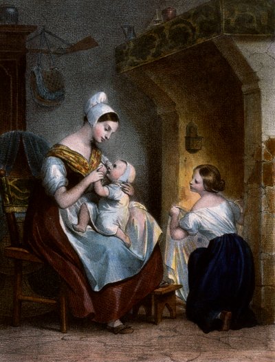 Krankenschwester stillt ein Baby. Lithografie, um 1850 von Achille Devéria