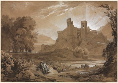 Landschaft mit Schloss und Hirten von Achille Etna Michallon