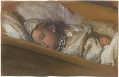 Ein schlafendes Kleinkind in seiner Wiege von Adolph Menzel