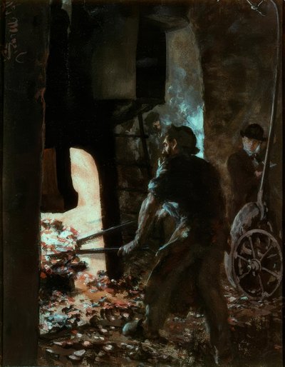 Selbstbildnis mit Arbeiter am Dampfhammer von Adolph Menzel