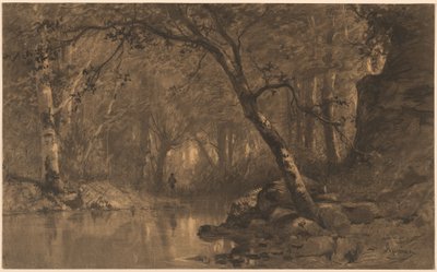 Ein Waldfluss mit einem Fischer von Adolphe Appian