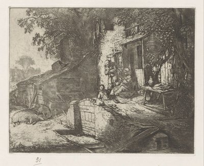 Spinnende Frau vor einem Haus von Adriaen van Ostade