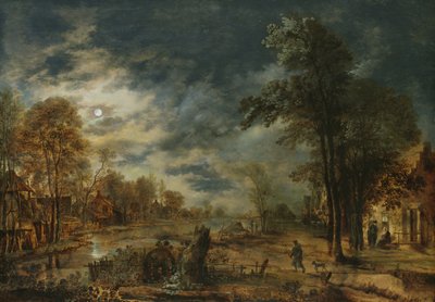Mondscheinlandschaft mit einem Dorf von Aert van der Neer