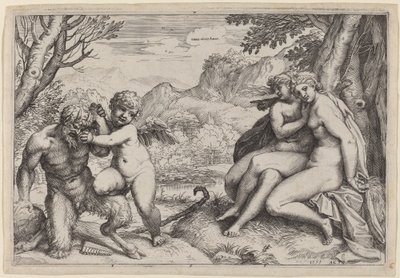 Pan zähmt Eros von Agostino Carracci