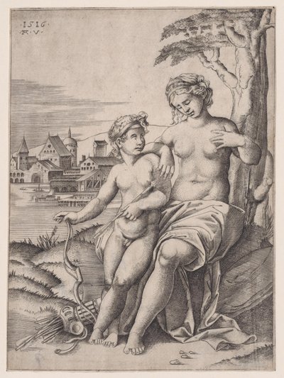 Venus und Eros, datiert 1516 von Agostino Veneziano