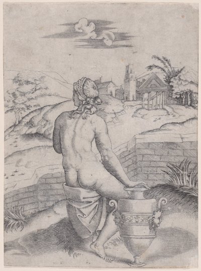 Frau sitzt neben einer Vase, ca. 1514-36 von Agostino Veneziano