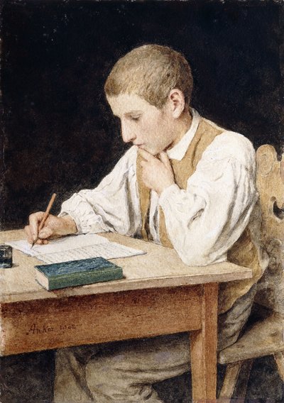 Schreibender Junge, 1902 von Albert Anker