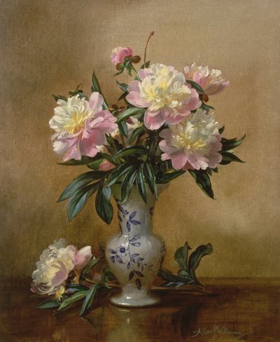 Pfingstrosen in einer blau-weißen Vase von Albert Williams