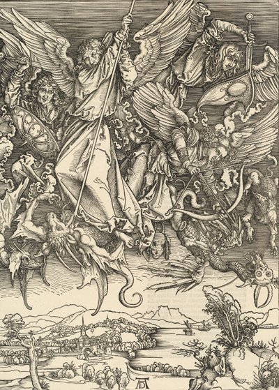 Der heilige Michael kämpft gegen den Drachen, 1498 von Albrecht Dürer