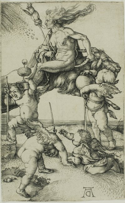 Hexe, die rückwärts auf einer Ziege reitet von Albrecht Dürer