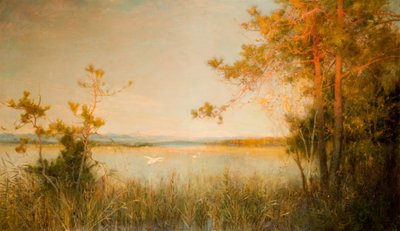 Schilfiger See und sonnenbeschienene Hügel, 1890-91 von Alfred Edward East