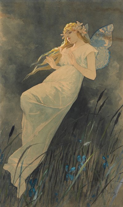 Elf mit Schwertlilien, ca. 1886-1890 von Alphonse Mucha