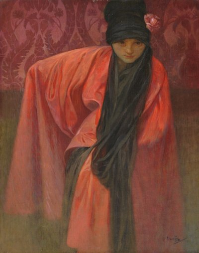 Mädchen in Rot von Alphonse Mucha