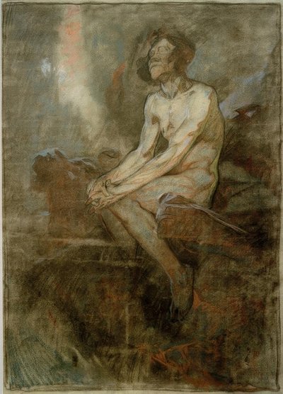 Männlicher Akt auf einem Felsen sitzend von Alphonse Mucha