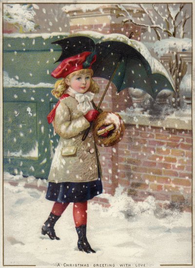 Mädchen mit Regenschirm im Schneeschauer von American School