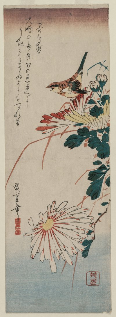 Grasmücke und Chrysanthemen, Mitte der 1830er Jahre von Ando Hiroshige