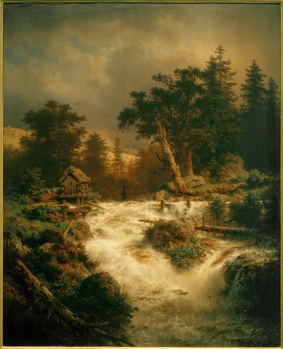 Nordischer Wasserfall mit Regenbogen von Andreas Achenbach