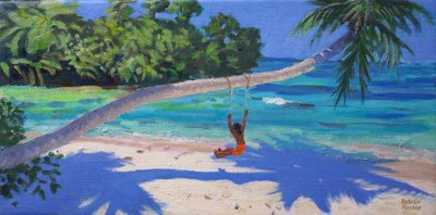 Mädchen auf einer Schaukel, Seychellen, 2015 von Andrew Macara