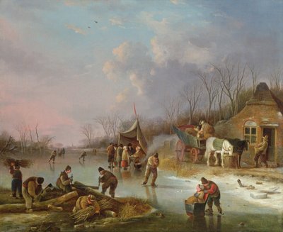 Niederländische Bauern auf einem zugefrorenen Fluss von Andries Vermeulen