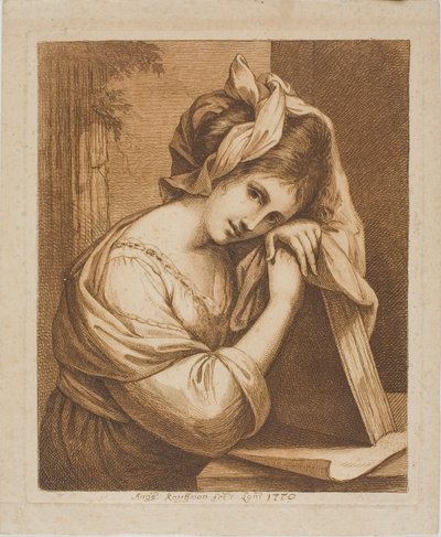 Frau, die ihren Kopf auf ein Buch legt von Angelica Kauffmann