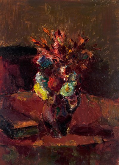 Blumenbouquet mit rotem Tischtuch von Anton Faistauer