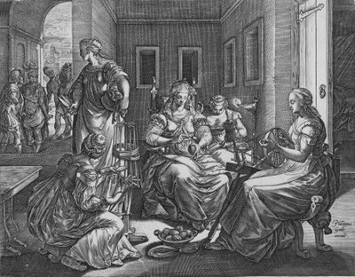 Lucretia und ihre Dienerinnen beim Spinnen, 1537-45 von Antonio Fantuzzi