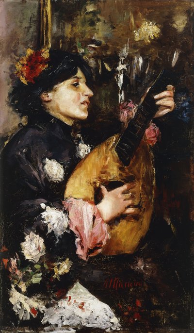 Frau mit Mandoline von Antonio Mancini