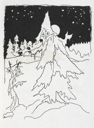 Zwei Baum-Männer in einem verschneiten Wald von Arthur Rackham