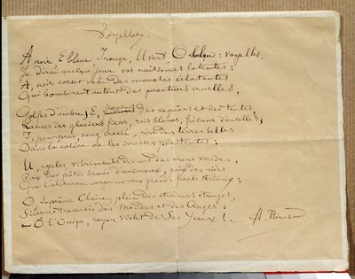 Manuskript des Gedichts von Arthur Rimbaud: „Die Vokale“ von Arthur Rimbaud