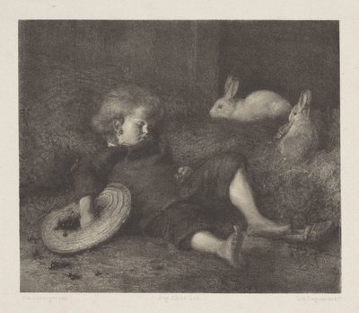 Schlafendes Kind mit Kaninchen von August Allebe