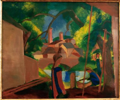 Kinder am Brunnen mit Stadt im Hintergrund von August Macke