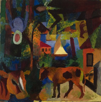 Landschaft mit Kühen, Segelboot und gemalten Figuren von August Macke