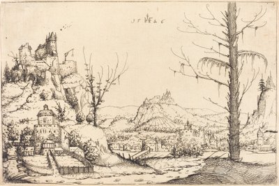 Landschaft mit hohen Klippen, Fluss und Stadt von Augustin Hirschvogel