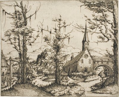 Landschaft mit Kirche und überdachter Brücke von Augustin Hirschvogel