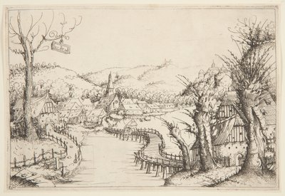 Landschaft mit einer gewundenen Holzbrücke von Augustin Hirschvogel