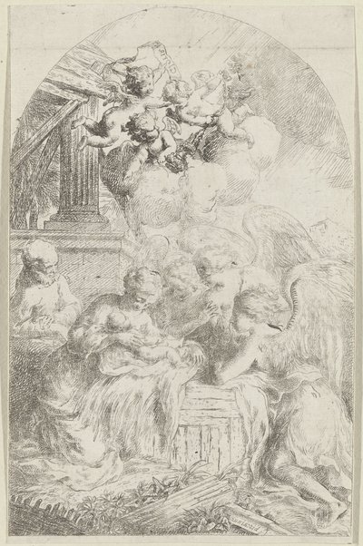 Christuskind von drei Engeln angebetet von Bartolomeo Biscaino
