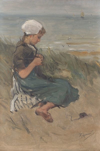 Mädchen, das in den Dünen strickt von Bernardus Johannes Blommers