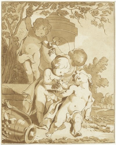 Vier Putti, die Trauben bei einer Vase pflücken von Bernhard Schreuder