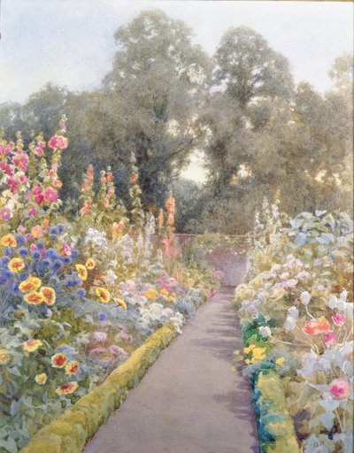 Gartenweg mit Stockrosen und Mohnblumen von Blanche Baker
