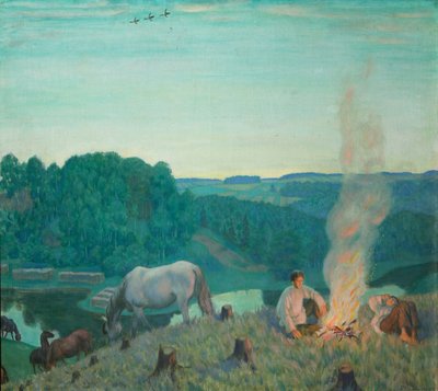 Lagerfeuer, 1916 von Boris Mikhailovich Kustodiev