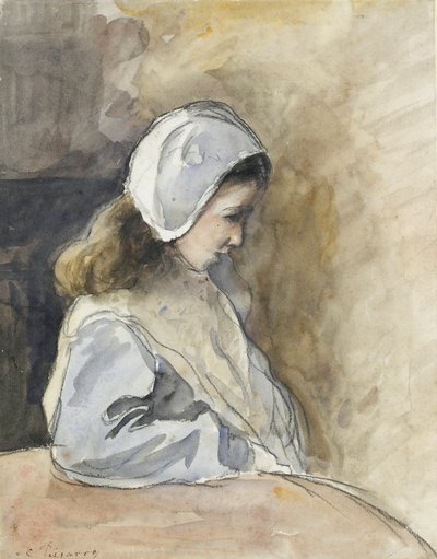 Jeanne-Rachel Pissarro sitzt an einem Tisch, ca. 1872 von Camille Pissarro