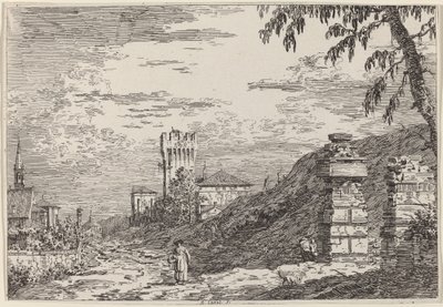 Landschaft mit Turm und zwei zerstörten Säulen von Canaletto
