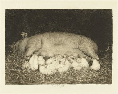 Sau mit Ferkeln liegend im Stall von Carel Lodewijk Dake